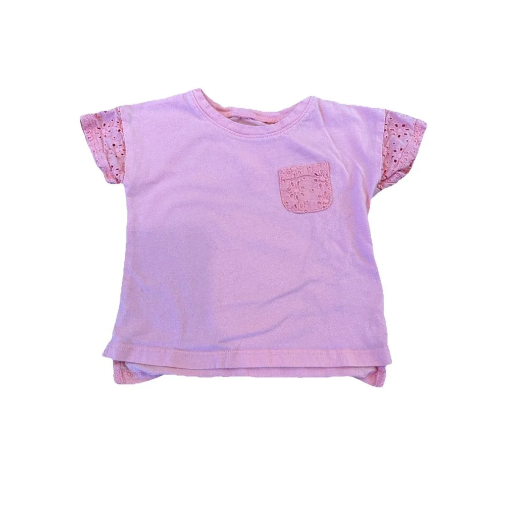 Genuine OshKosh B'gosh Pink Floral Eyelet Sleeve Pocket TShirt Toddler Girls 12M